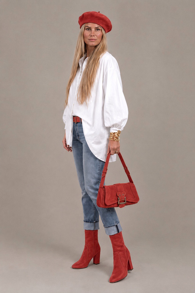 Women's red inside-zip ankle boots with round toe and high block heel - Top view